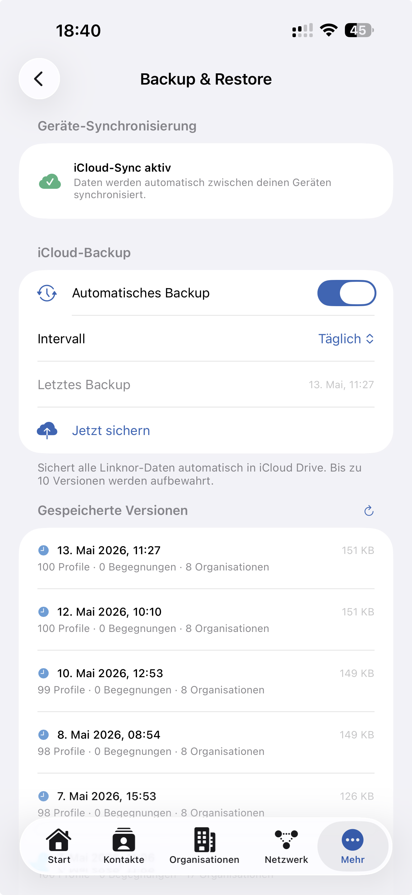 Synchronisations- und Backup-Einstellungen