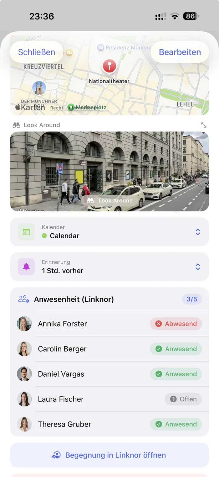 Ein Termin in Weeknor mit Anwesenheit und Dokumenten aus Linknor