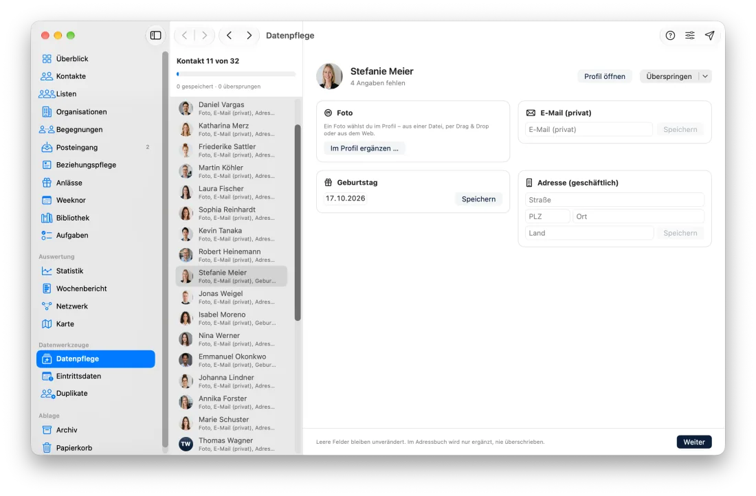 Linknor auf dem Mac: Datenpflege-Runde mit den Kontakten links und ihren fehlenden Angaben rechts